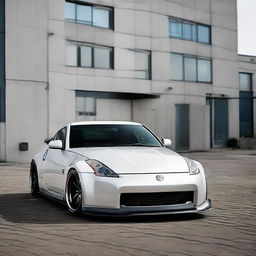 A Nissan 350Z with oversized wheels and an impressive spoiler attached to its back, enhancing its sporty appearance.