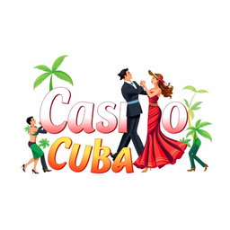 An illustration featuring the phrase 'Casino Cubano' prominently displayed, surrounded by vibrant couples dancing salsa casino