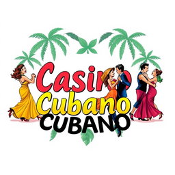 An illustration featuring the phrase 'Casino Cubano' prominently displayed, surrounded by vibrant couples dancing salsa casino