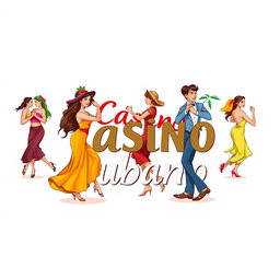 An illustration featuring the phrase 'Casino Cubano' prominently displayed, surrounded by vibrant couples dancing salsa casino