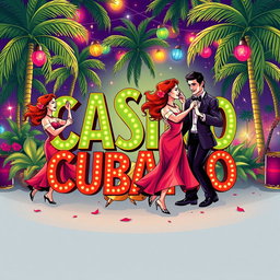 A vibrant and colorful illustration featuring the words 'Casino Cubano' creatively integrated into the design
