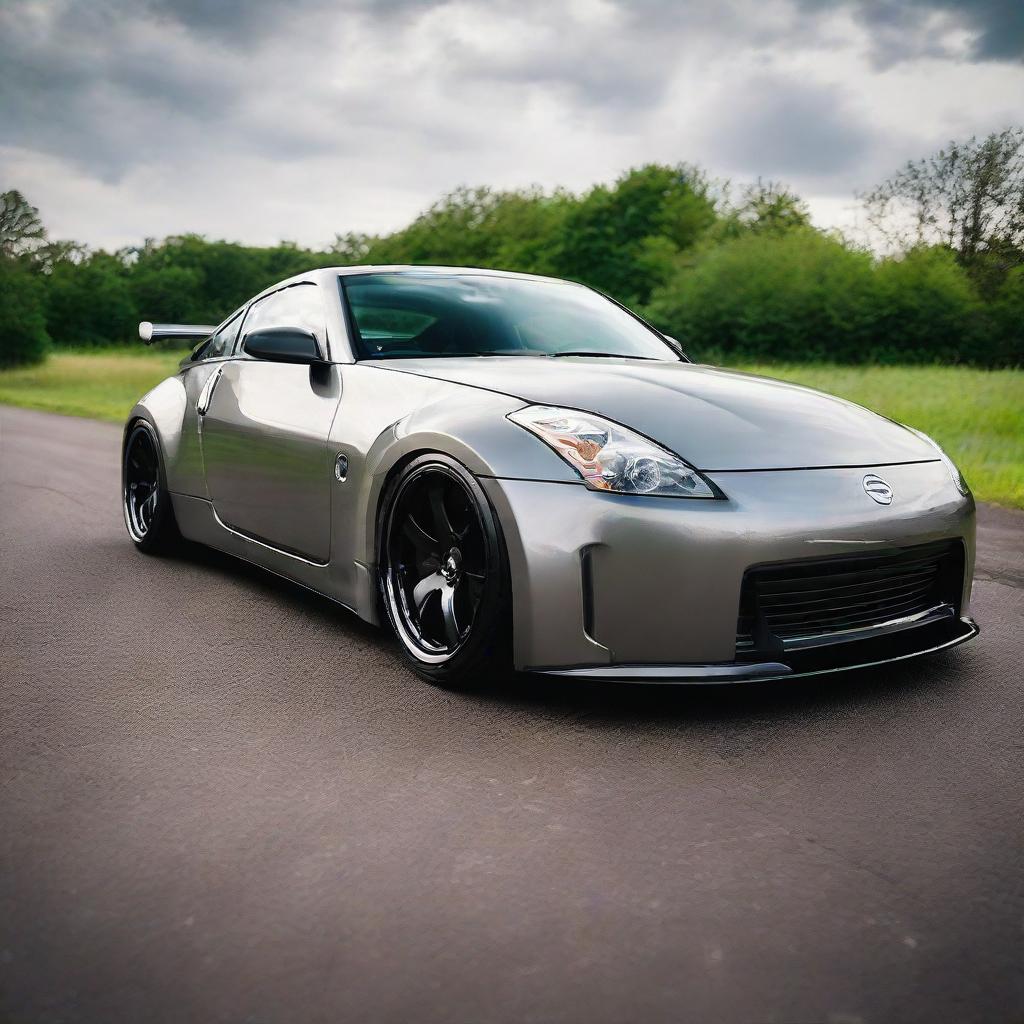 A Nissan 350Z with oversized wheels and an impressive spoiler attached to its back, enhancing its sporty appearance.