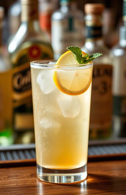 A classic cocktail named 'Collin's', showcasing a frosty glass filled with a light golden beverage