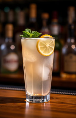 A classic cocktail named 'Collin's', showcasing a frosty glass filled with a light golden beverage