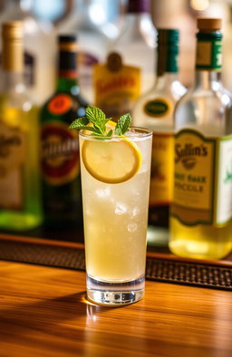 A classic cocktail named 'Collin's', showcasing a frosty glass filled with a light golden beverage