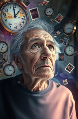 A vivid and surreal depiction of a person experiencing dementia, surrounded by fragmented memories and dream-like imagery