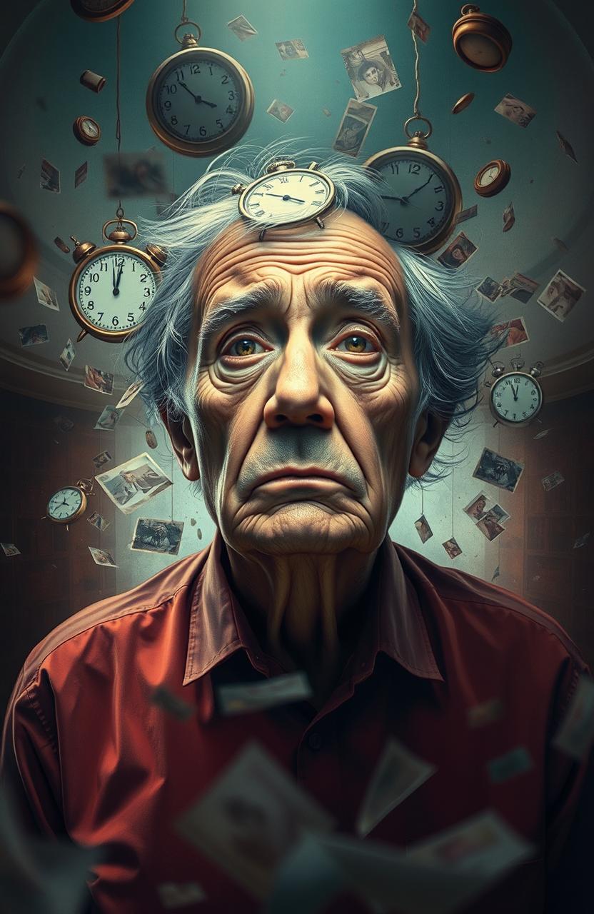 A vivid and surreal depiction of a person experiencing dementia, surrounded by fragmented memories and dream-like imagery