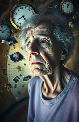 A vivid and surreal depiction of a person experiencing dementia, surrounded by fragmented memories and dream-like imagery