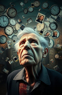 A vivid and surreal depiction of a person experiencing dementia, surrounded by fragmented memories and dream-like imagery