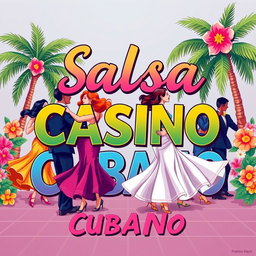 An illustration featuring the words "Salsa Casino Cubano" in vibrant, festive lettering