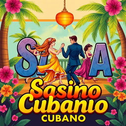 An illustration featuring the words "Salsa Casino Cubano" in vibrant, festive lettering