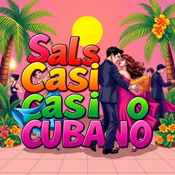 An illustration featuring the words "Salsa Casino Cubano" in vibrant, festive lettering