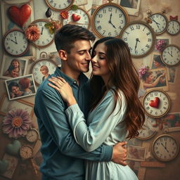 A heartfelt and surreal scene depicting two young adults falling in love amid a backdrop of a mind affected by dementia