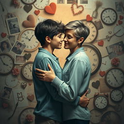 A heartfelt and surreal scene depicting two young adults falling in love amid a backdrop of a mind affected by dementia