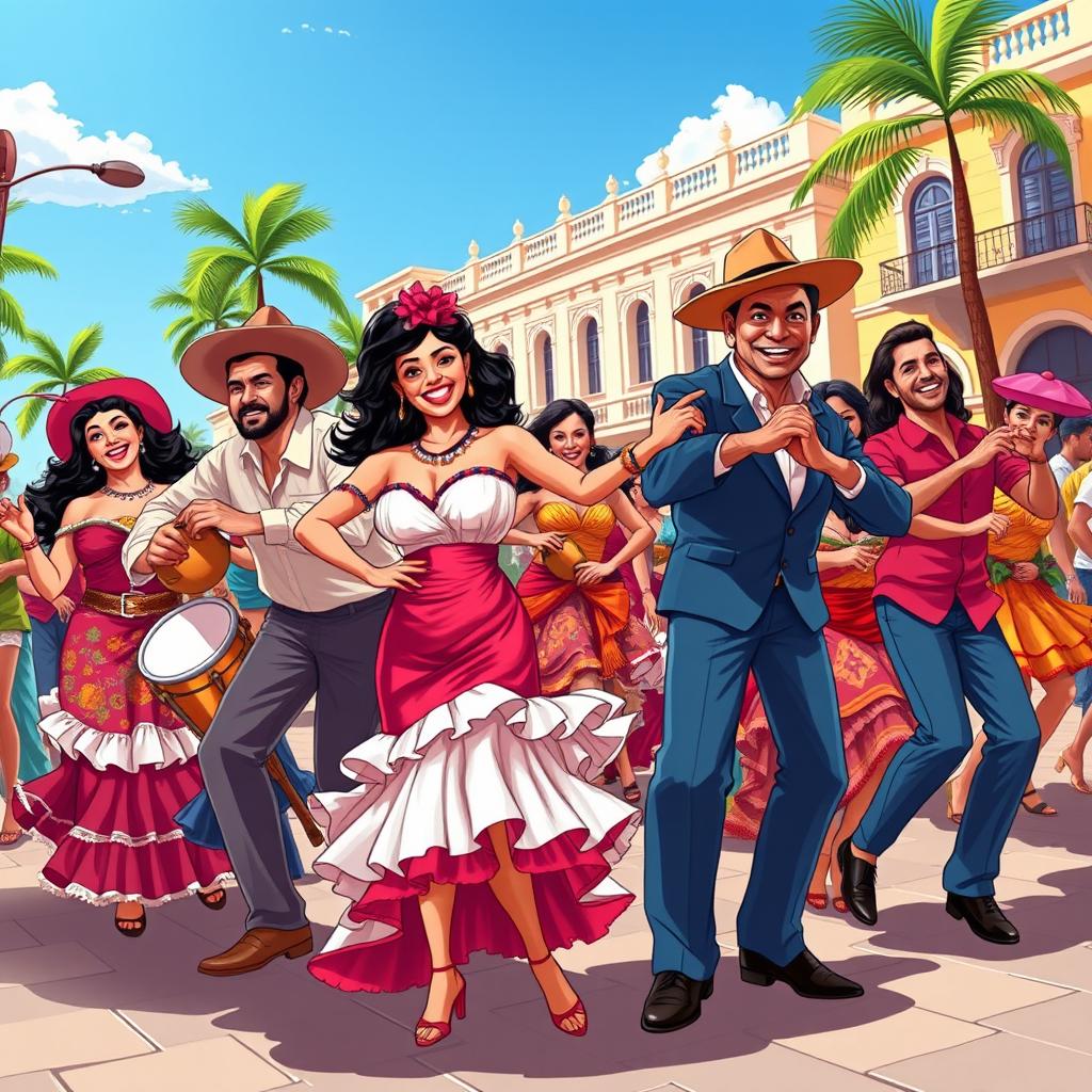 A vibrant illustration of a lively group of Cuban dancers in traditional attire, showcasing energetic salsa and rumba movements