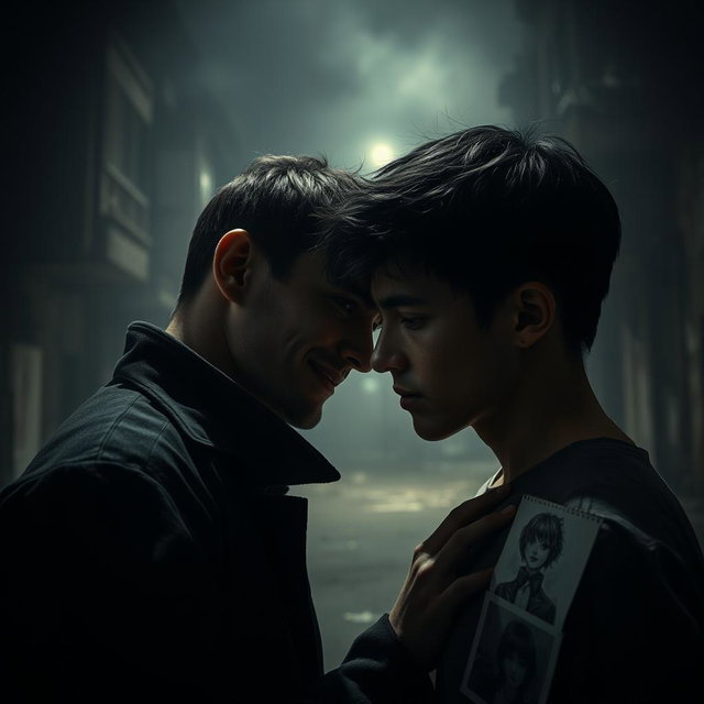 A dramatic and intense scene showcasing a psychopath falling in love with another young man