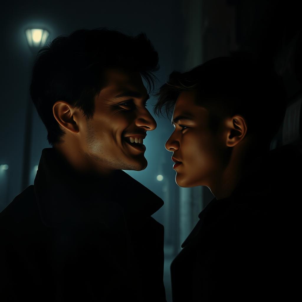 A dramatic and intense scene showcasing a psychopath falling in love with another young man