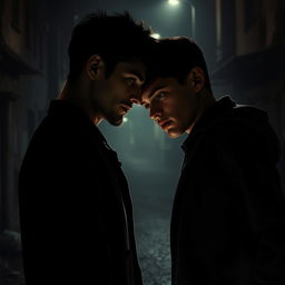 A dramatic and intense scene showcasing a psychopath falling in love with another young man