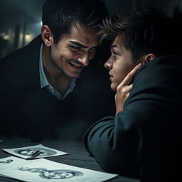 A dramatic and intense scene showcasing a psychopath falling in love with another young man