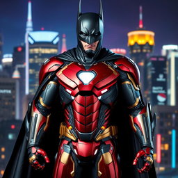 A heroic character combining Batman and Iron Man elements, featuring Batman's iconic cape and cowl seamlessly merged with Iron Man's advanced technology armor