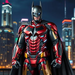 A heroic character combining Batman and Iron Man elements, featuring Batman's iconic cape and cowl seamlessly merged with Iron Man's advanced technology armor
