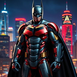 A heroic character combining Batman and Iron Man elements, featuring Batman's iconic cape and cowl seamlessly merged with Iron Man's advanced technology armor