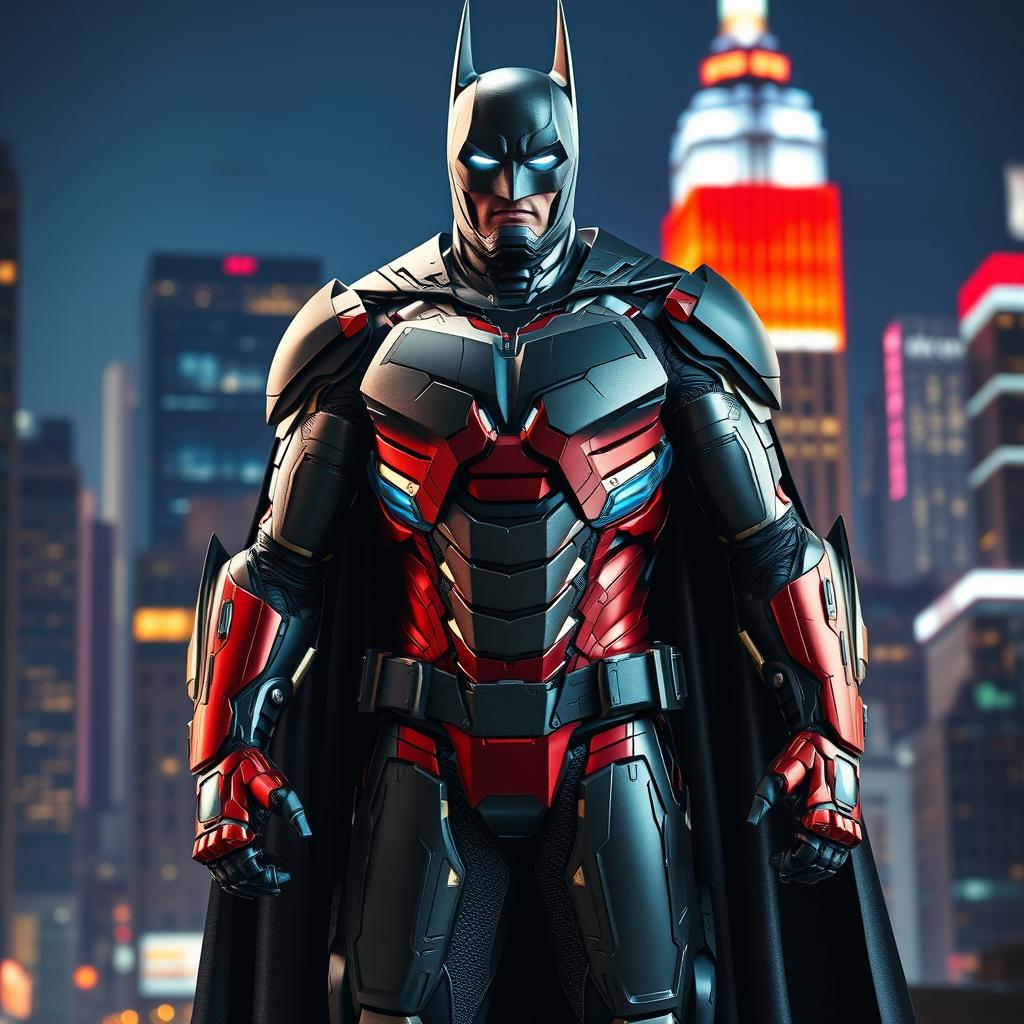 A heroic character combining Batman and Iron Man elements, featuring Batman's iconic cape and cowl seamlessly merged with Iron Man's advanced technology armor