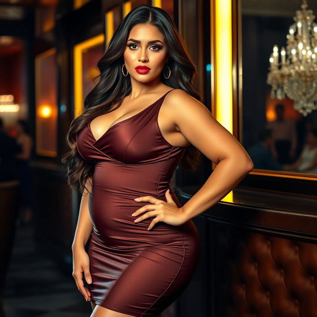 A voluptuous woman with a curvy figure, wearing a form-fitting, elegant dress that accentuates her assets