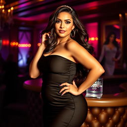 A voluptuous woman with a curvy figure, wearing a form-fitting, elegant dress that accentuates her assets