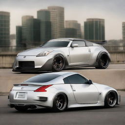 A Nissan 350Z with oversized wheels and an impressive spoiler attached to its back, enhancing its sporty appearance.