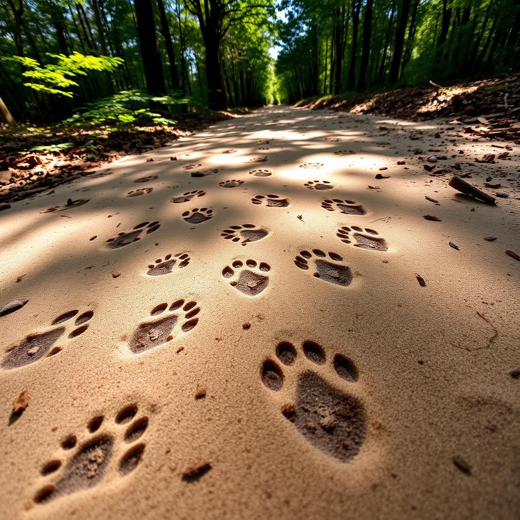 A close-up view of various animal footprints on a sandy path in a forest setting