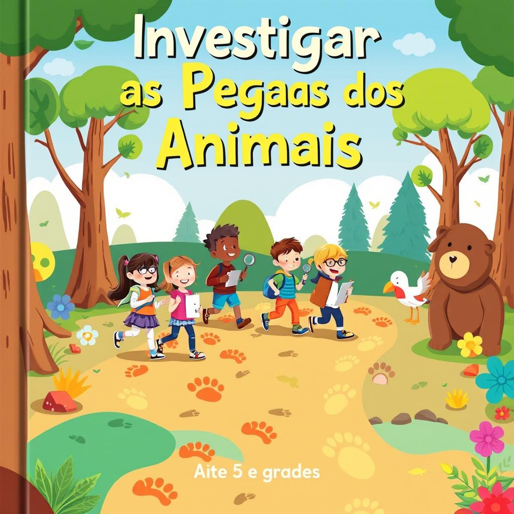 A colorful and engaging book cover for a children’s educational book aimed at 5th graders, titled 'Investigar as Pegadas dos Animais'