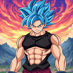 A dynamic and powerful character resembling a super saiyan warrior with striking vibrant blue hair and intense red eyes, wearing a sleek black shirt