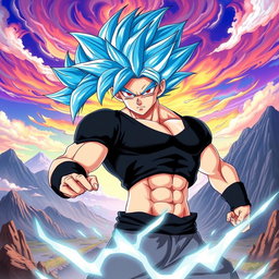 A dynamic and powerful character resembling a super saiyan warrior with striking vibrant blue hair and intense red eyes, wearing a sleek black shirt