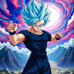 A dynamic and powerful character resembling a super saiyan warrior with striking vibrant blue hair and intense red eyes, wearing a sleek black shirt