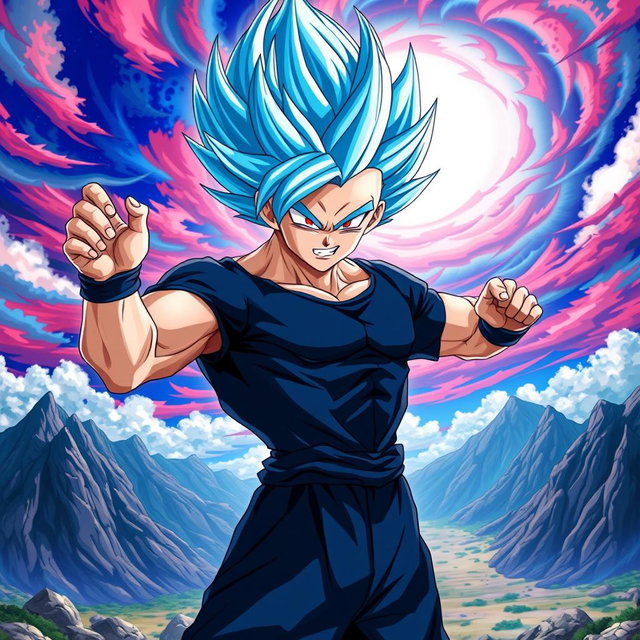 A dynamic and powerful character resembling a super saiyan warrior with striking vibrant blue hair and intense red eyes, wearing a sleek black shirt