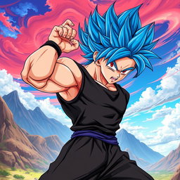 A dynamic and powerful character resembling a super saiyan warrior with striking vibrant blue hair and intense red eyes, wearing a sleek black shirt