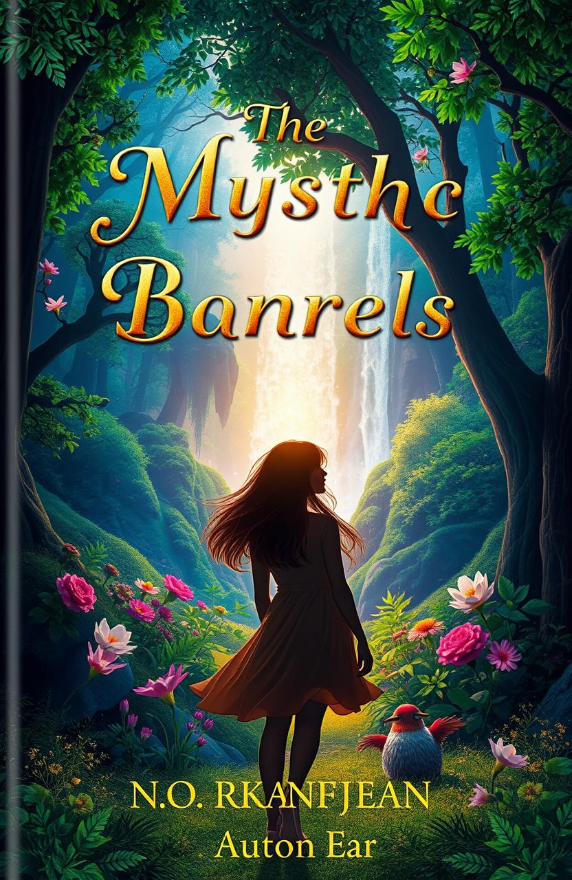A stunning book cover design featuring a mystical forest with vibrant colors, lush green trees, and enchanting flowers