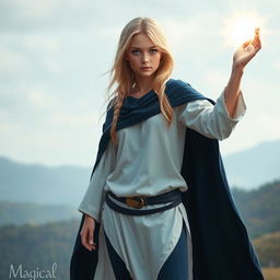 A teenage blonde girl, radiating an aura of magic and confidence, is seen wearing a flowing white tunic paired with dark blue leggings that accentuate her graceful stance