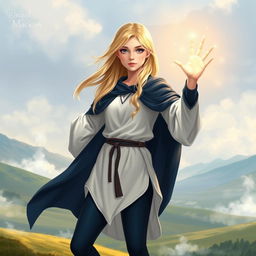 A teenage blonde girl, radiating an aura of magic and confidence, is seen wearing a flowing white tunic paired with dark blue leggings that accentuate her graceful stance