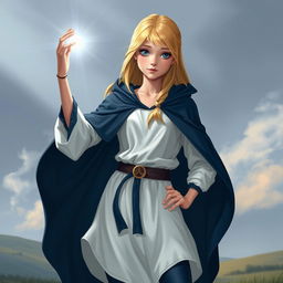 A teenage blonde girl, radiating an aura of magic and confidence, is seen wearing a flowing white tunic paired with dark blue leggings that accentuate her graceful stance