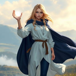 A teenage blonde girl, radiating an aura of magic and confidence, is seen wearing a flowing white tunic paired with dark blue leggings that accentuate her graceful stance