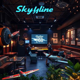 A vibrant and immersive restaurant theme inspired by airplanes, named ‘Skyline Hangar 88’