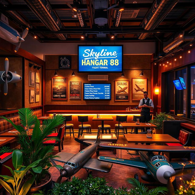 A vibrant and immersive restaurant theme inspired by airplanes, named ‘Skyline Hangar 88’