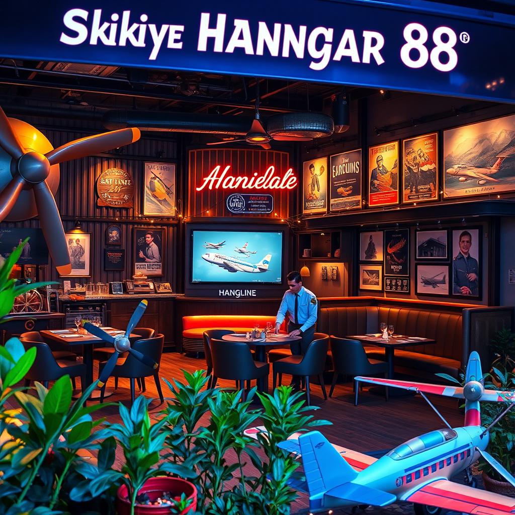 A vibrant and immersive restaurant theme inspired by airplanes, named ‘Skyline Hangar 88’
