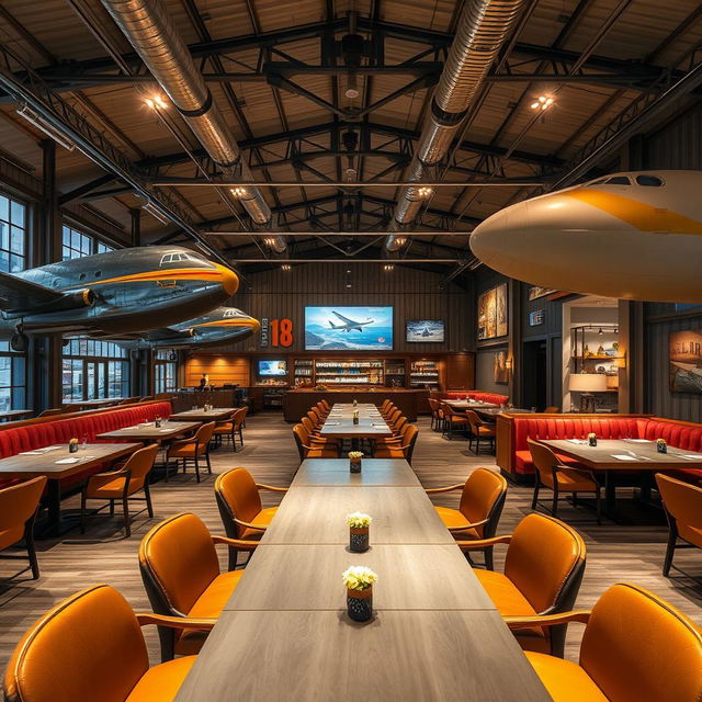 Um restaurante temático vibrante inspirado em aviões, chamado ‘Skyline Hangar 88’