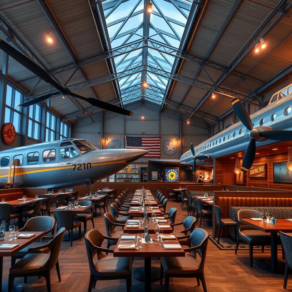 Um restaurante temático vibrante inspirado em aviões, chamado ‘Skyline Hangar 88’