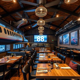 Um restaurante temático vibrante inspirado em aviões, chamado ‘Skyline Hangar 88’