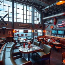 A themed restaurant called 'Skyline Hangar 88', designed to resemble an airplane hangar with elements of aviation decor