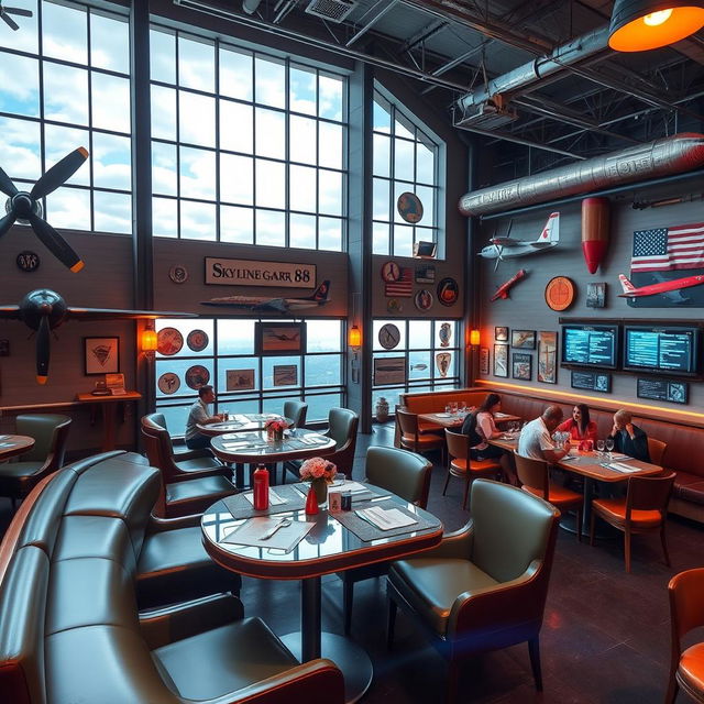 A themed restaurant called 'Skyline Hangar 88', designed to resemble an airplane hangar with elements of aviation decor
